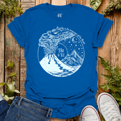 Royal blue t-shirt with text "Fire & ice" and volcano and ice glacier graphic design.