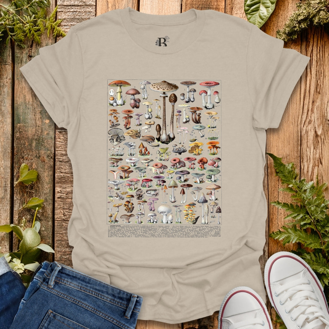 Beige t-shirt with mushroom illustration on a wooden background