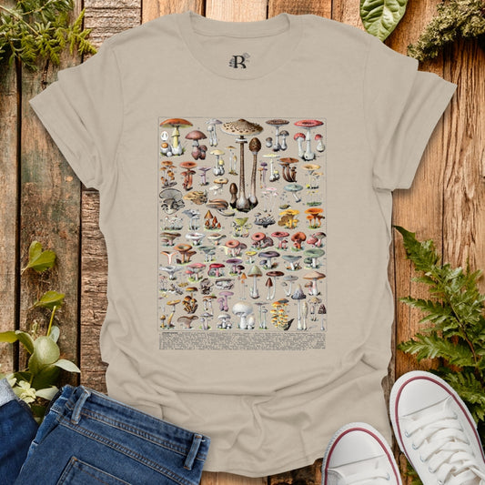 Beige t-shirt with mushroom illustration on a wooden background