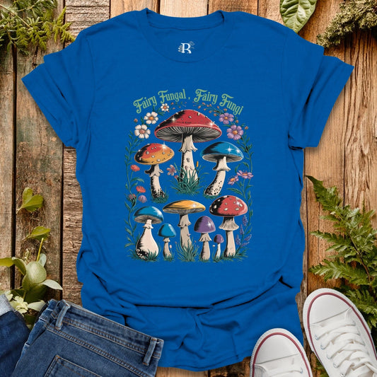 Blue t-shirt with mushroom design on a wooden background