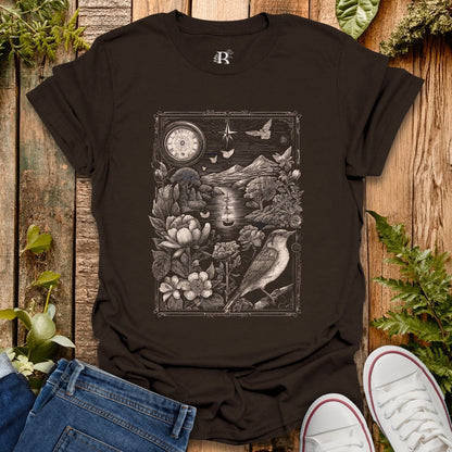 Black t-shirt with nature-themed design on a wooden surface with plants.