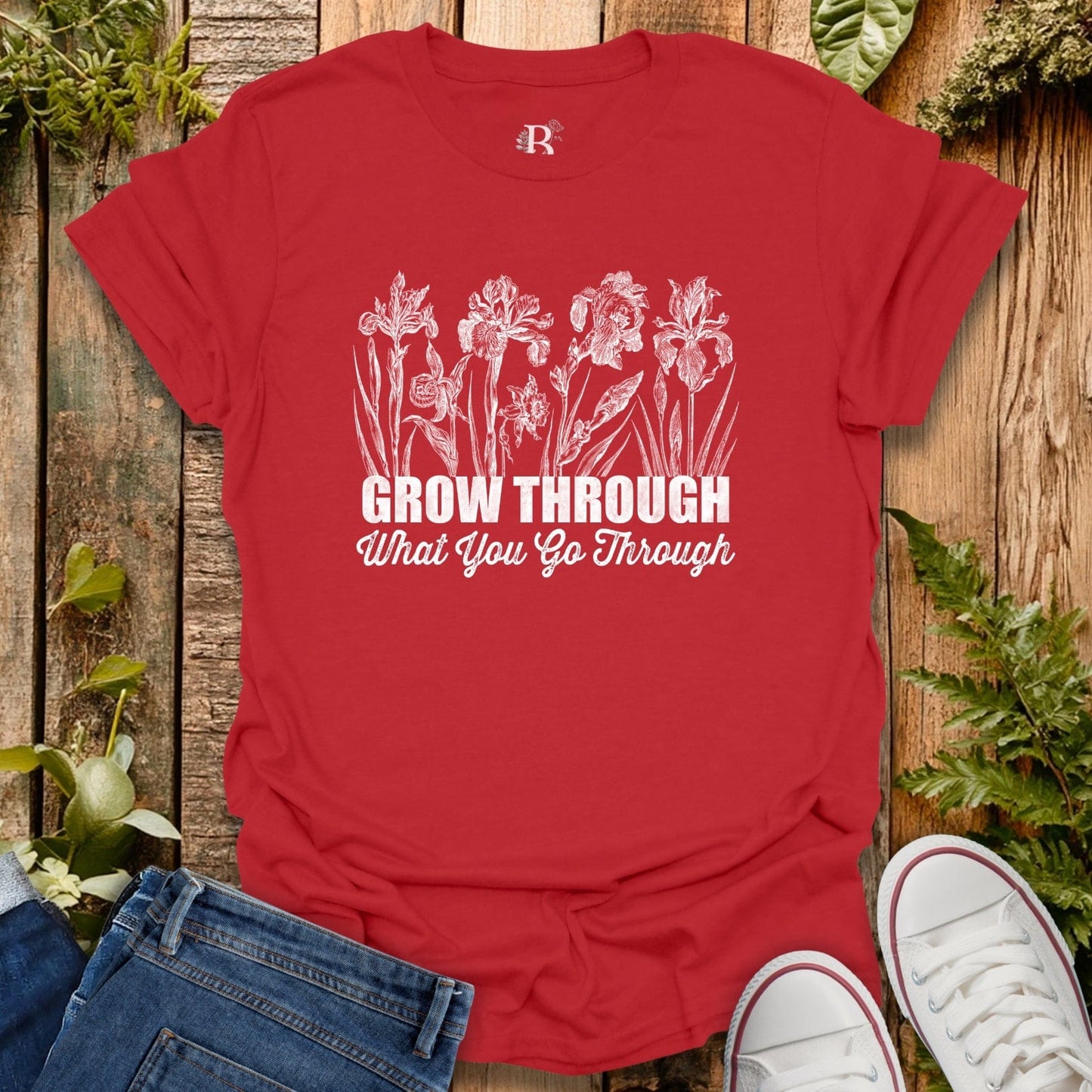Red “grow through what you go through” tee