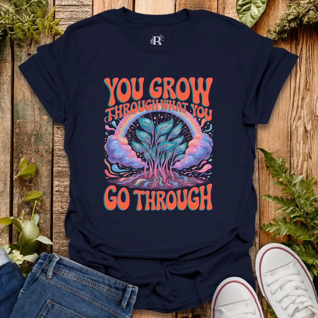 Navy “you go through what you go through” message graphic tee.